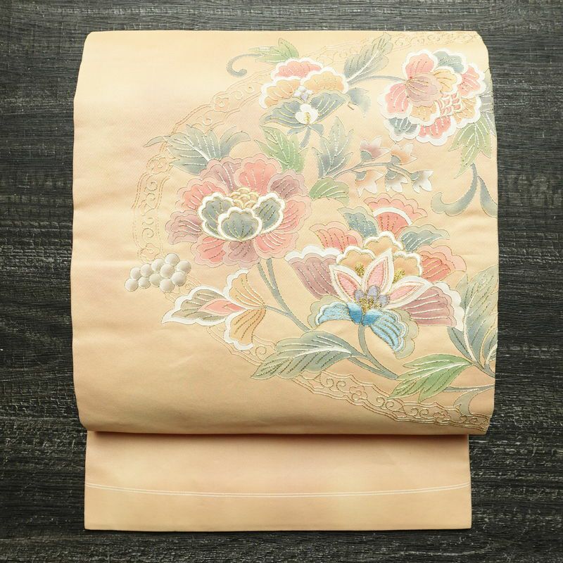 名古屋帯 太鼓柄 正絹 花柄 名古屋仕立て なごや帯 リサイクル帯 帯 刺繍 金糸 ベージュ_画像1