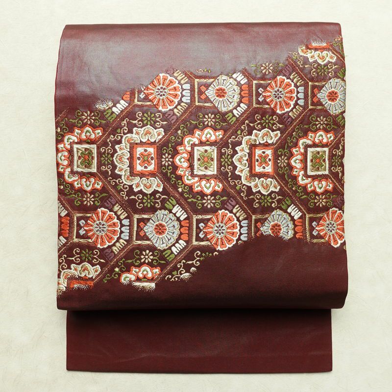 名古屋帯 太鼓柄 正絹 幾何学柄・抽象柄 名古屋仕立て なごや帯 リサイクル帯 帯 金糸 赤・朱_画像1