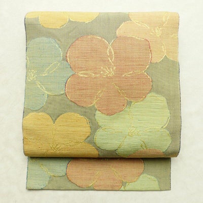 名古屋帯 六通柄 正絹 花柄 名古屋仕立て なごや帯 リサイクル帯 帯 緑・うぐいす色