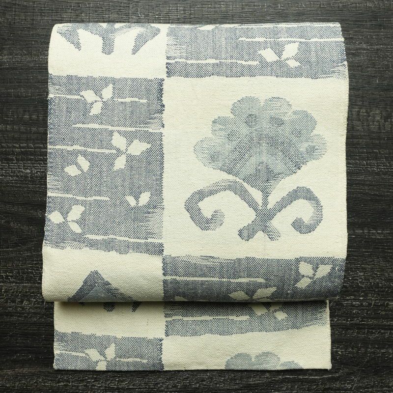 名古屋帯 六通柄 正絹 幾何学柄・抽象柄 名古屋仕立て なごや帯 リサイクル帯 帯 モダン 白_画像1