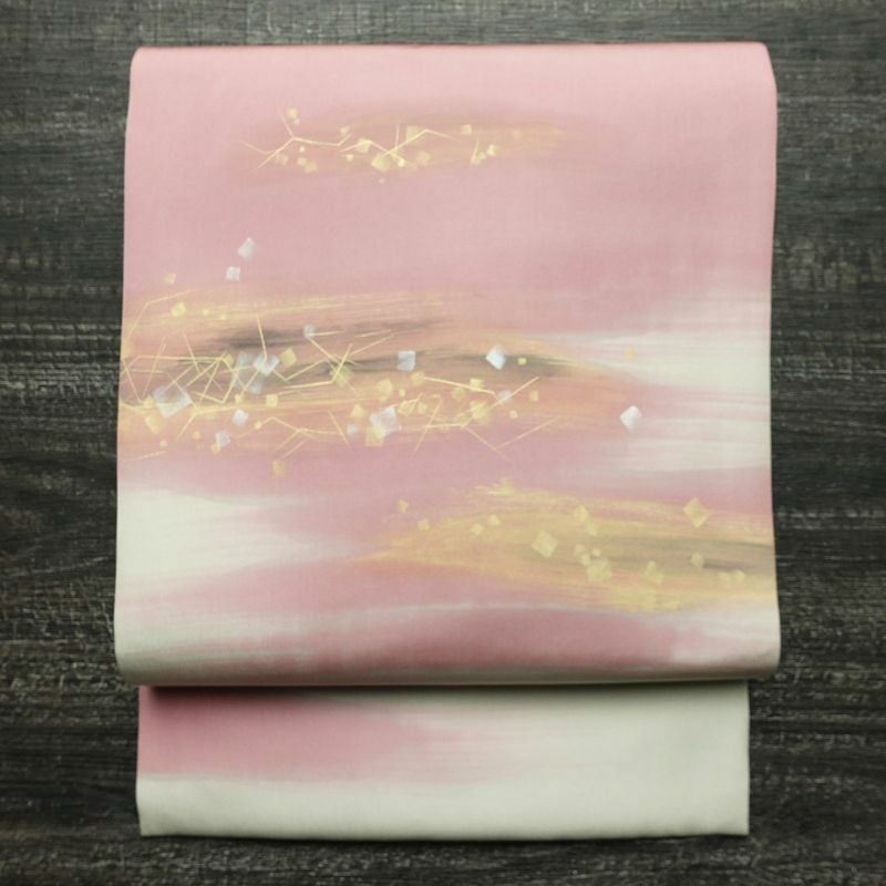 名古屋帯 太鼓柄 落款入り 正絹 幾何学柄・抽象柄 名古屋仕立て なごや帯 リサイクル帯 帯 箔 多色使い_画像1