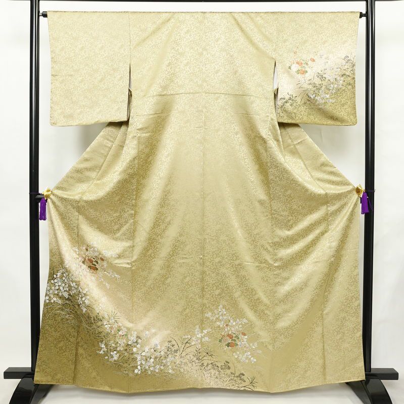 訪問着 良品 しつけ糸付き 正絹 木の葉・植物柄 袷仕立て 身丈163.5cm 裄丈65cm リサイクル着物 着物 箔 入学式 卒業式 七五三 お宮参り フォーマル 黄・黄土色_画像1