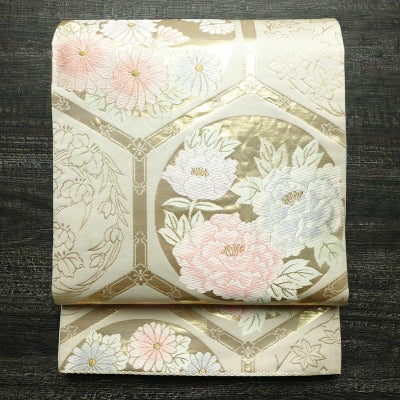 袋帯 プラチナ箔 六通柄 美品 フォーマル用 正絹 花柄 箔 金通し 金糸 