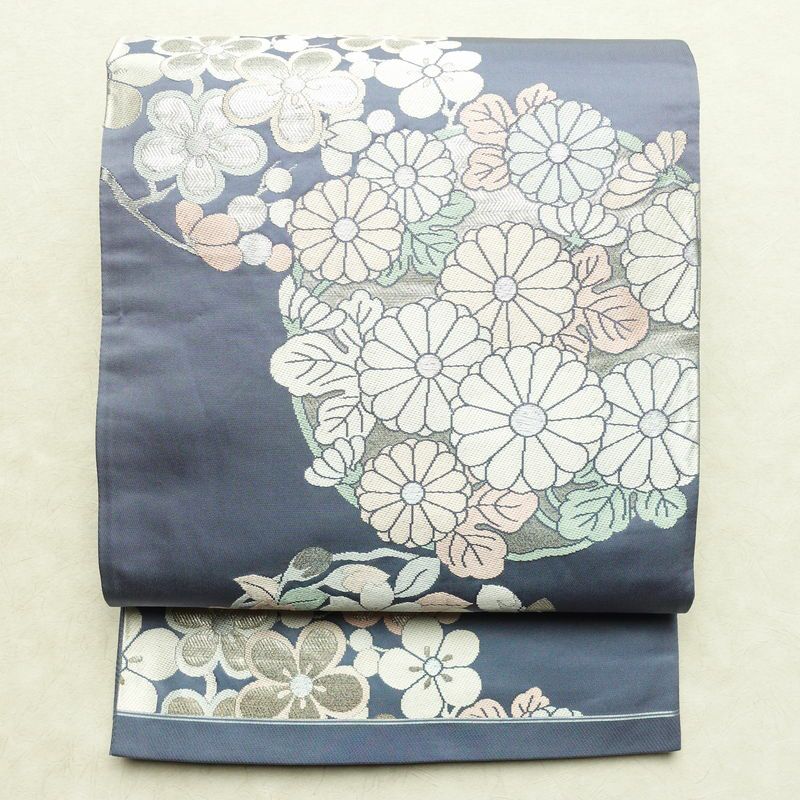 袋帯 六通柄 フォーマル用 正絹 花柄 リサイクル帯 帯 箔 青・紺_画像1