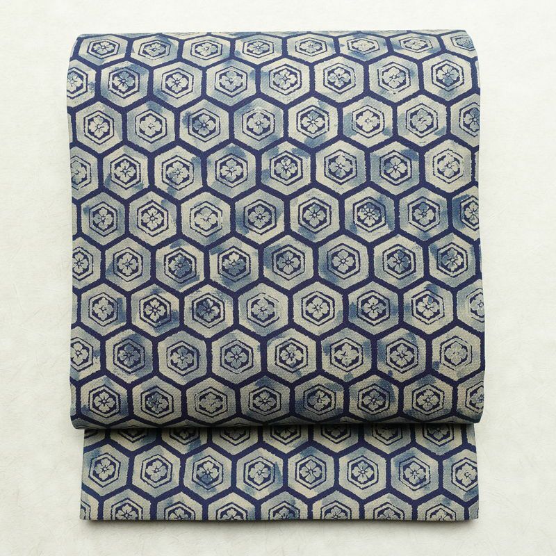 袋帯 全通柄 良品 一般用 正絹 亀甲柄 リサイクル帯 帯 青・紺_画像1