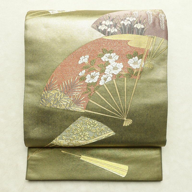 袋帯 六通柄 良品 フォーマル用 正絹 古典柄 リサイクル帯 帯 引箔 扇子 菊 金・銀_画像1