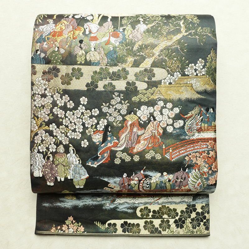 袋帯 六通柄 春郊鷹狩秋庭観楓図 フォーマル用 正絹 人物・動物柄 リサイクル帯 帯 箔 多色使い_画像1