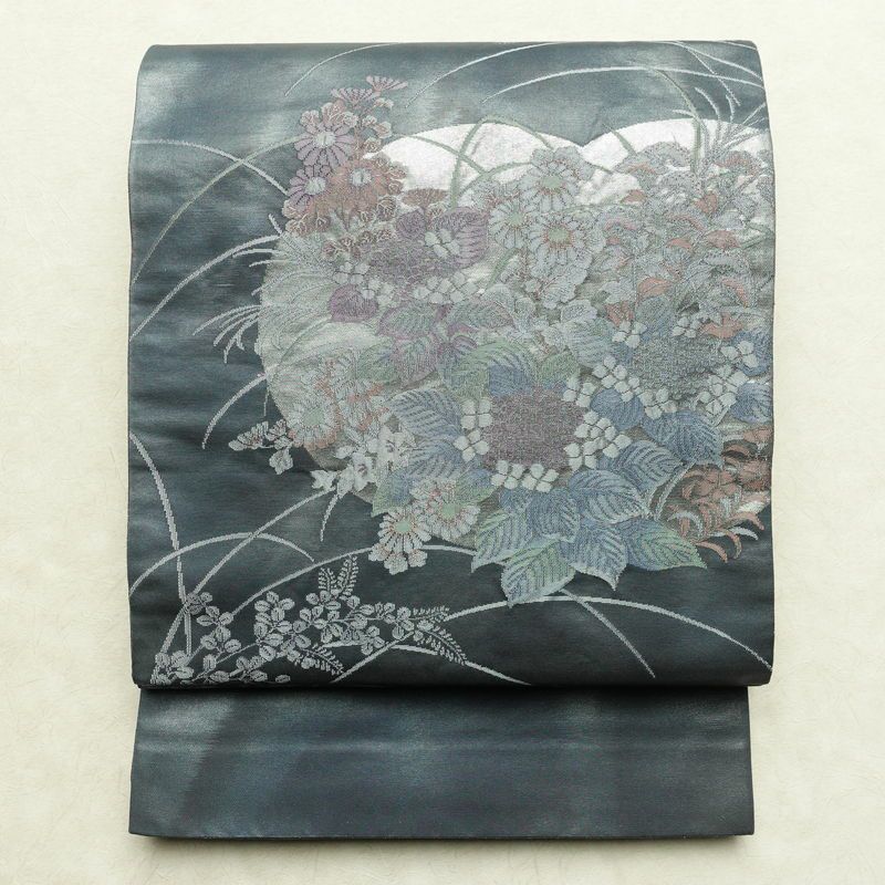 袋帯 太鼓柄 フォーマル用 正絹 花柄 リサイクル帯 帯 箔 青・紺_画像1