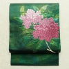 名古屋帯 太鼓柄 良品 正絹 花柄 名古屋仕立て なごや帯 リサイクル帯 帯 紫陽花 箔 緑・うぐいす色_画像1