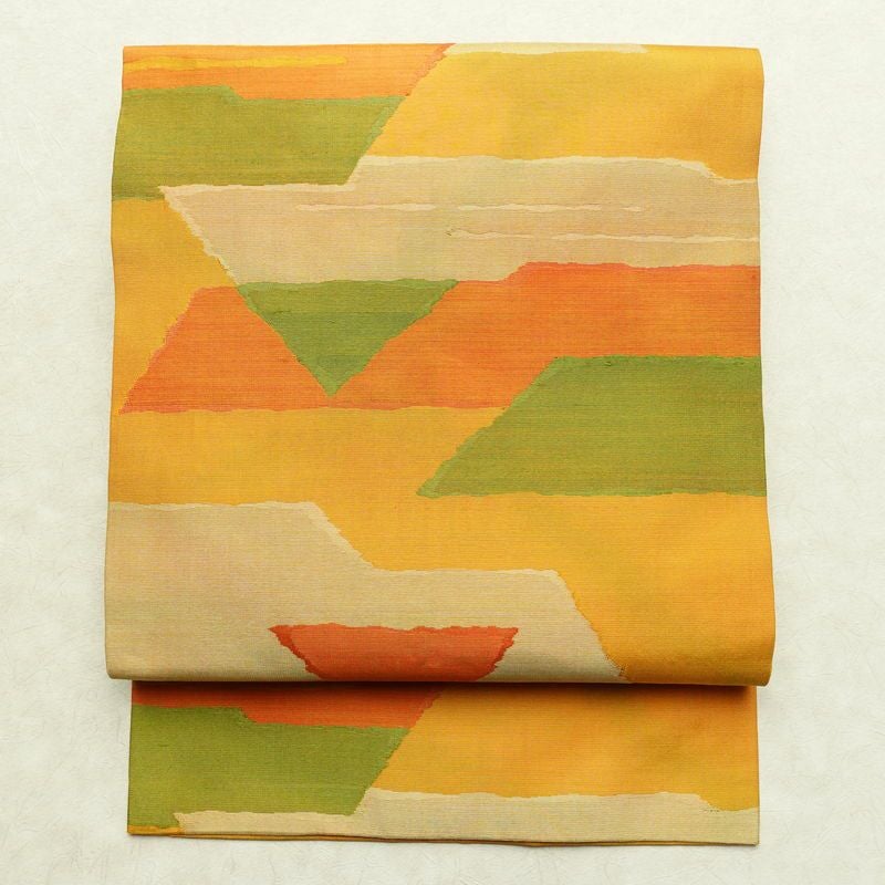 名古屋帯 六通柄 正絹 幾何学柄・抽象柄 名古屋仕立て なごや帯 リサイクル帯 帯 黄・黄土色_画像1