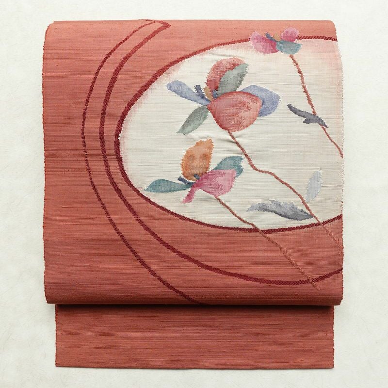 名古屋帯 太鼓柄 良品 正絹 花柄 松葉仕立て なごや帯 リサイクル帯 帯 紬地 ピンク_画像1