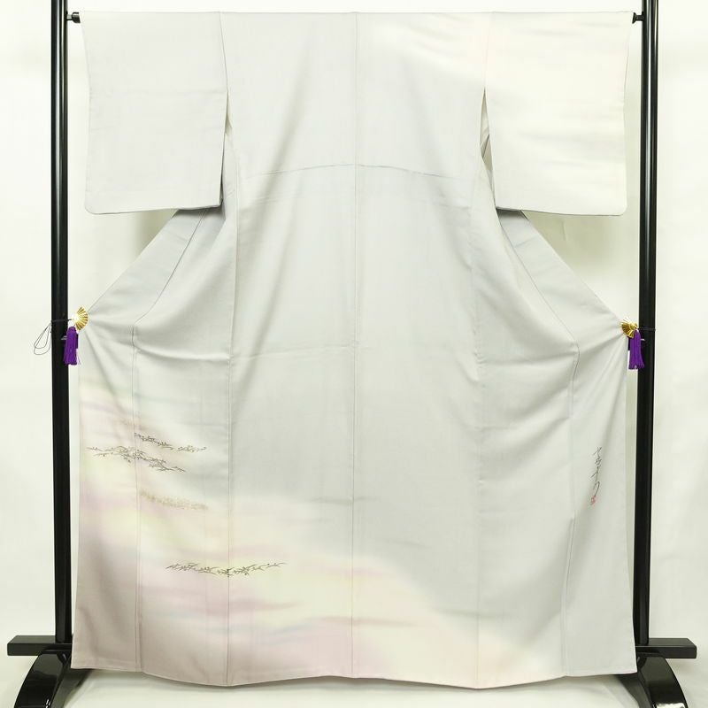 訪問着 良品 中嶋まさひろ 落款入り 正絹 木の葉・植物柄 袷仕立て 身丈164.5cm 裄丈65cm リサイクル着物 一部しつけ糸付き 着物 箔 入学式 卒業式 七五三 お宮参り フォーマル シンプル 上品 青・紺_画像1