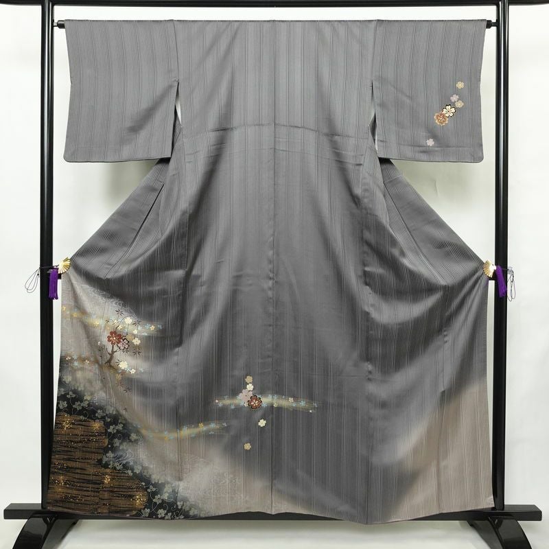 訪問着 良品 正絹 花柄 袷仕立て 身丈159cm 裄丈64.5cm リサイクル着物 着物 箔 金彩 卒業式 フォーマル グレー_画像1
