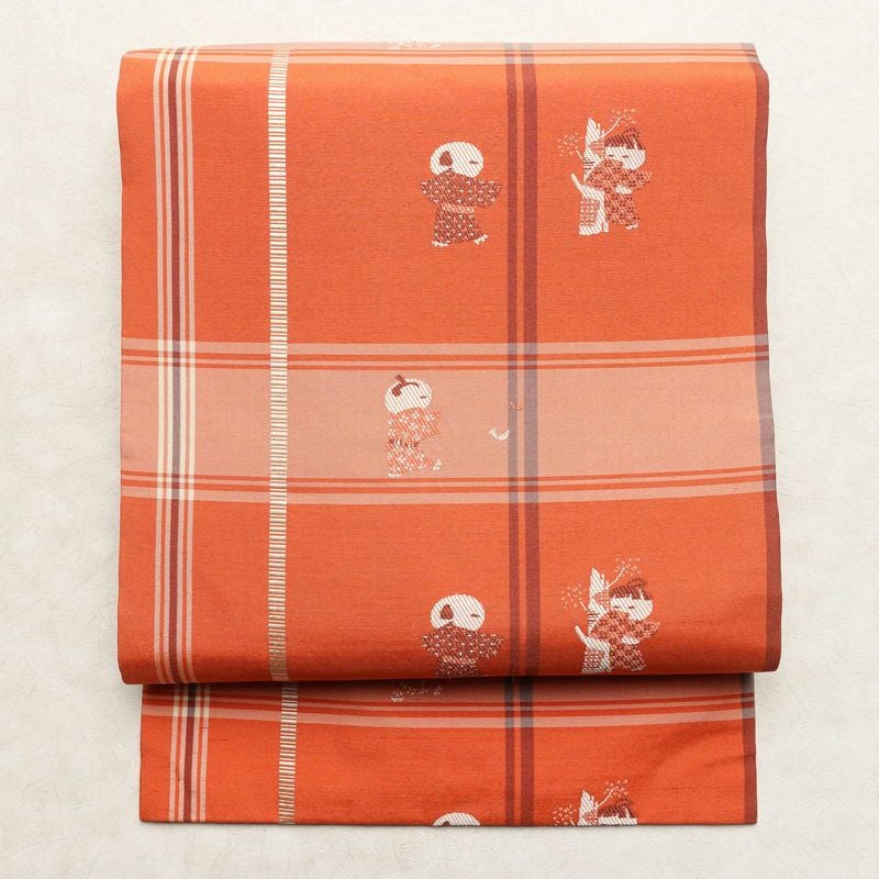 名古屋帯 六通柄 良品 正絹 人物・動物柄 名古屋仕立て なごや帯 リサイクル帯 帯 モダン 洒落 粋 赤・朱_画像1