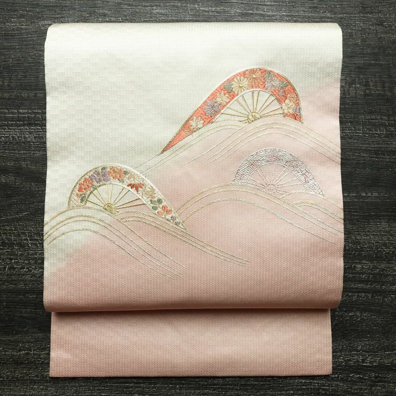 名古屋帯 太鼓柄 正絹 古典柄 名古屋仕立て なごや帯 リサイクル帯 帯 刺繍 箔 金糸 シンプル ピンク 白_画像1