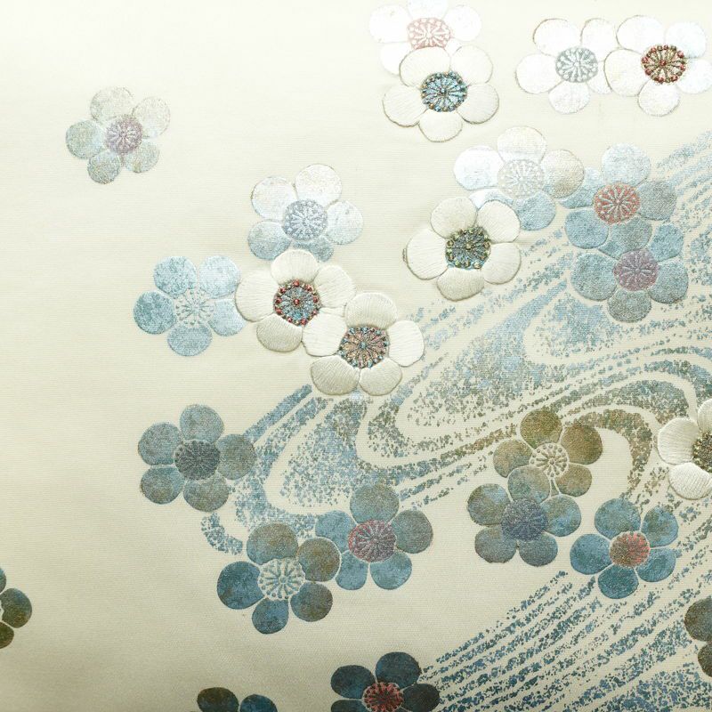 名古屋帯 太鼓柄 正絹 花柄 通し仕立て なごや帯 リサイクル帯 帯 刺繍 箔 白_画像2