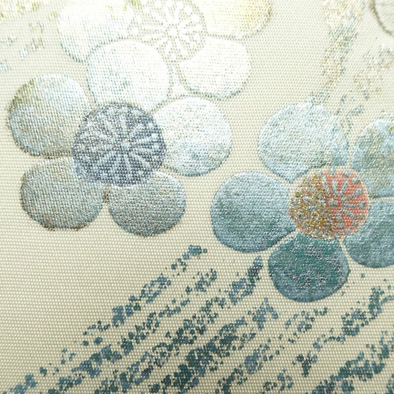 名古屋帯 太鼓柄 正絹 花柄 通し仕立て なごや帯 リサイクル帯 帯 刺繍 箔 白_画像3