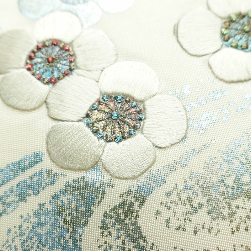 名古屋帯 太鼓柄 正絹 花柄 通し仕立て なごや帯 リサイクル帯 帯 刺繍 箔 白_画像4