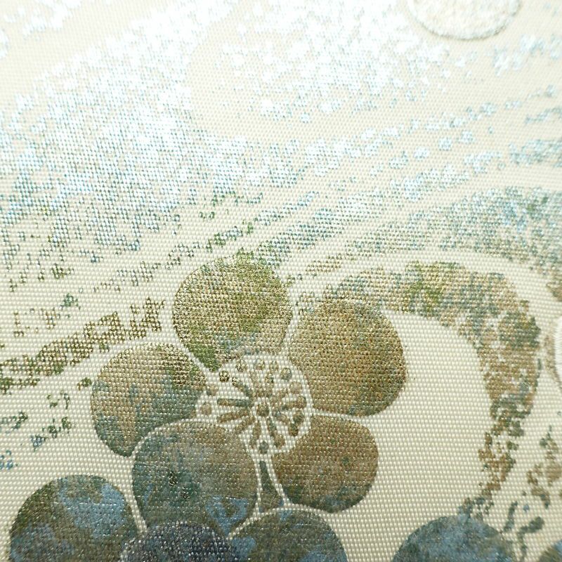 名古屋帯 太鼓柄 正絹 花柄 通し仕立て なごや帯 リサイクル帯 帯 刺繍 箔 白_画像6