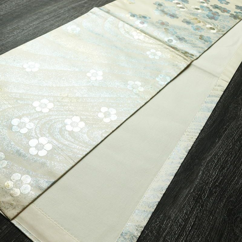 名古屋帯 太鼓柄 正絹 花柄 通し仕立て なごや帯 リサイクル帯 帯 刺繍 箔 白_画像9