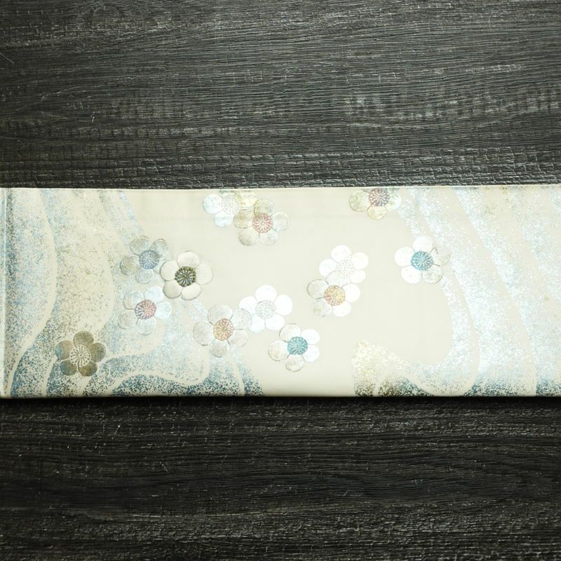 名古屋帯 太鼓柄 正絹 花柄 通し仕立て なごや帯 リサイクル帯 帯 刺繍 箔 白_画像13