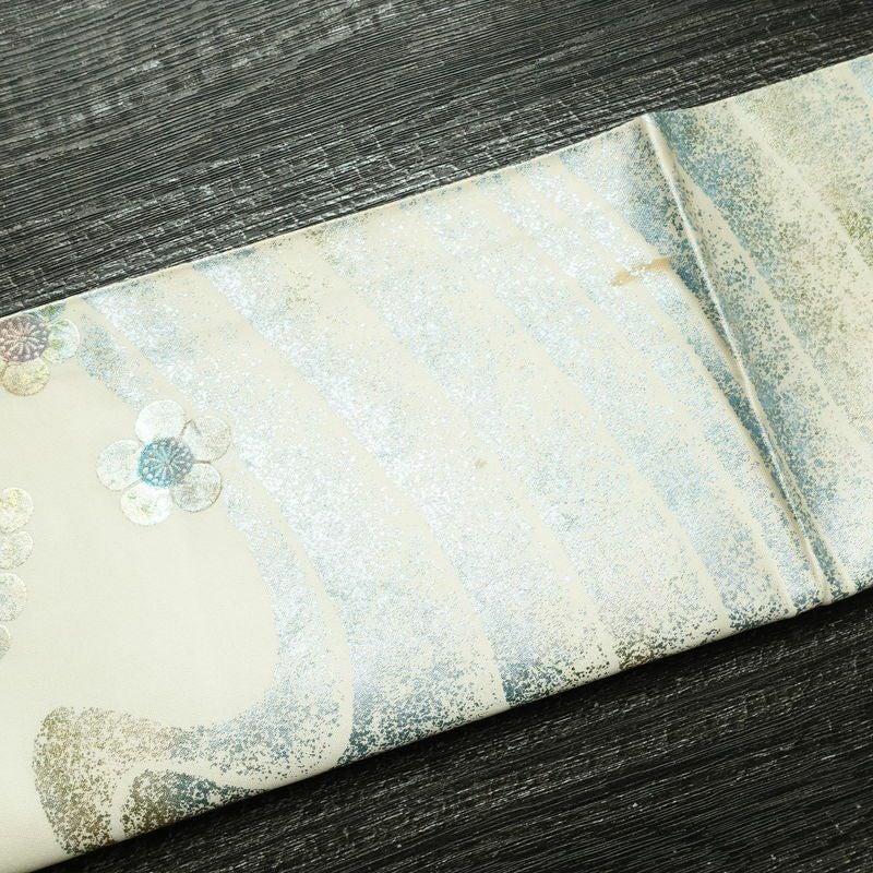 名古屋帯 太鼓柄 正絹 花柄 通し仕立て なごや帯 リサイクル帯 帯 刺繍 箔 白_画像14