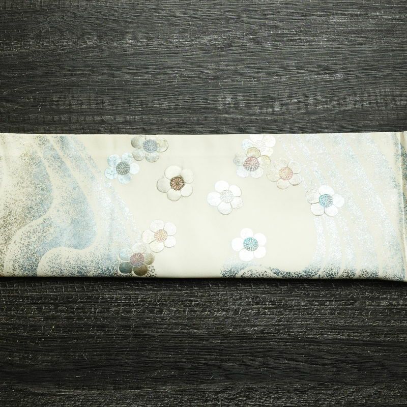 名古屋帯 太鼓柄 正絹 花柄 通し仕立て なごや帯 リサイクル帯 帯 刺繍 箔 白_画像16