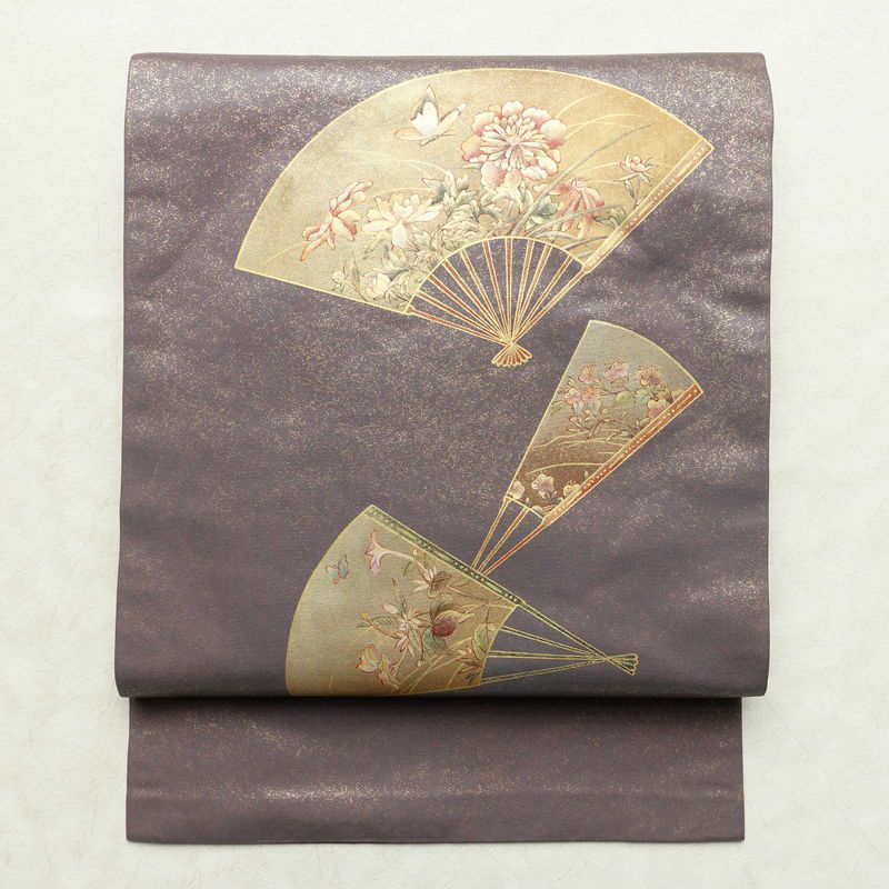 名古屋帯 太鼓柄 正絹 古典柄 名古屋仕立て なごや帯 リサイクル帯 帯 箔 シンプル 扇子 紫・藤色_画像1
