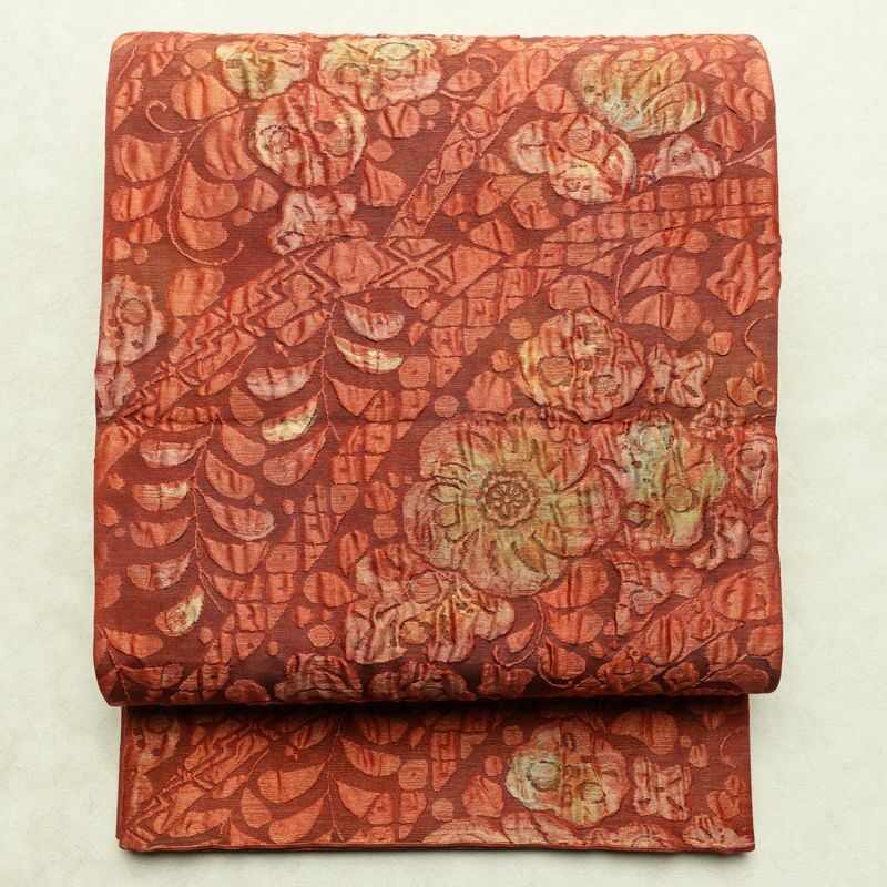 袋帯 全通柄 良品 ふくれ織 一般用 正絹 花柄 リサイクル帯 帯 茶_画像1