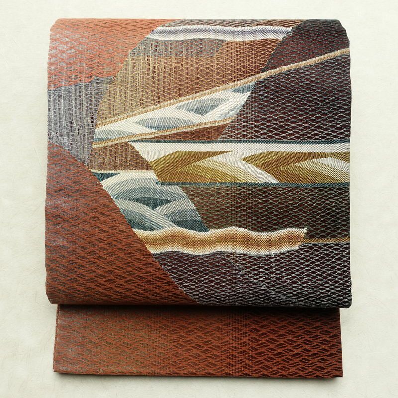 袋帯 すくい織 太鼓柄 良品 一般用 正絹 幾何学柄・抽象柄 リサイクル帯 帯 モダン 洒落 茶_画像1
