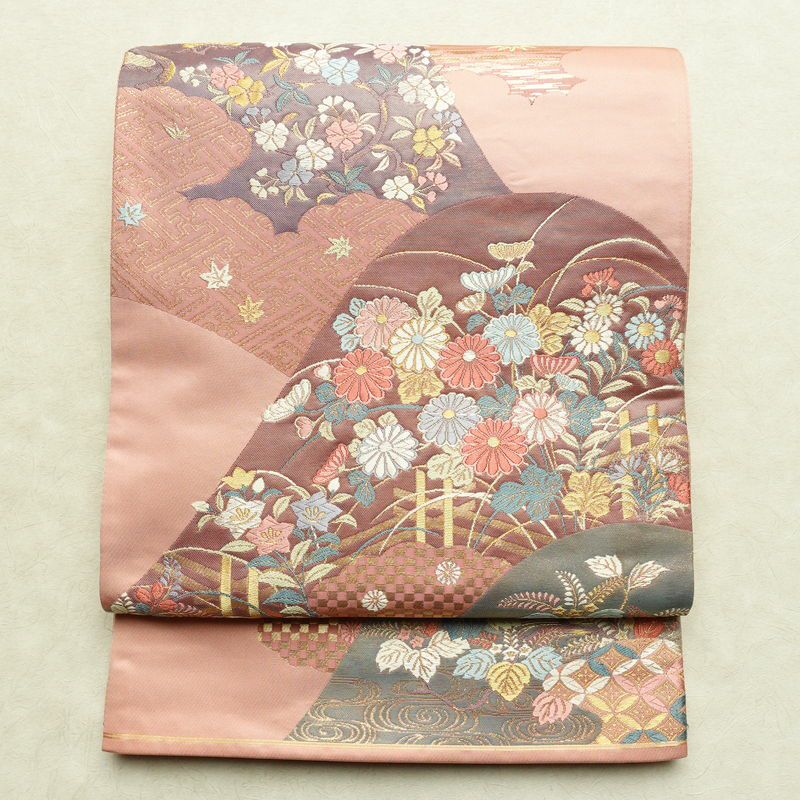 袋帯 六通柄 能衣小花文様 フォーマル用 正絹 古典柄 リサイクル帯 帯 箔 金糸 入学式 卒業式 結婚式 七五三 パーティー お宮参り フォーマル 松 菊 ピンク_画像1