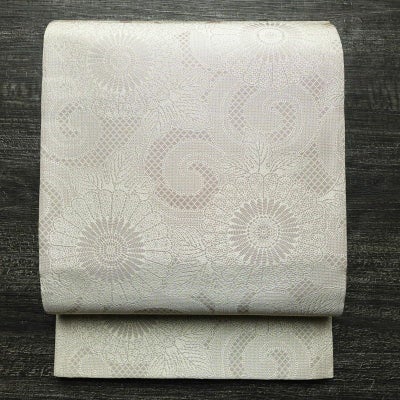 袋帯 人間国宝 中村勇二郎 古代菊 献上絵図 全通柄 良品 フォーマル用 正絹 花柄 リサイクル帯 帯 入学式 卒業式 七五三 パーティー お宮参り フォーマル 菊 ベージュ