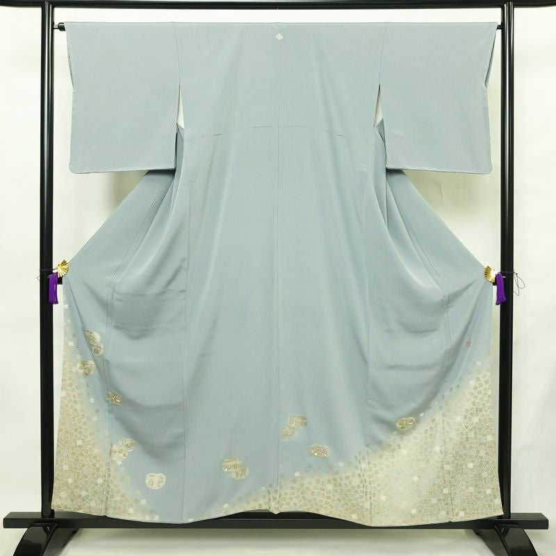 色留袖 良品 松尾光琳 落款入り 縮緬 一つ紋付き 正絹 古典柄 袷仕立て 身丈154.5cm 裄丈64cm リサイクル着物 一部しつけ糸付き 着物 結婚式 フォーマル 青・紺_画像1