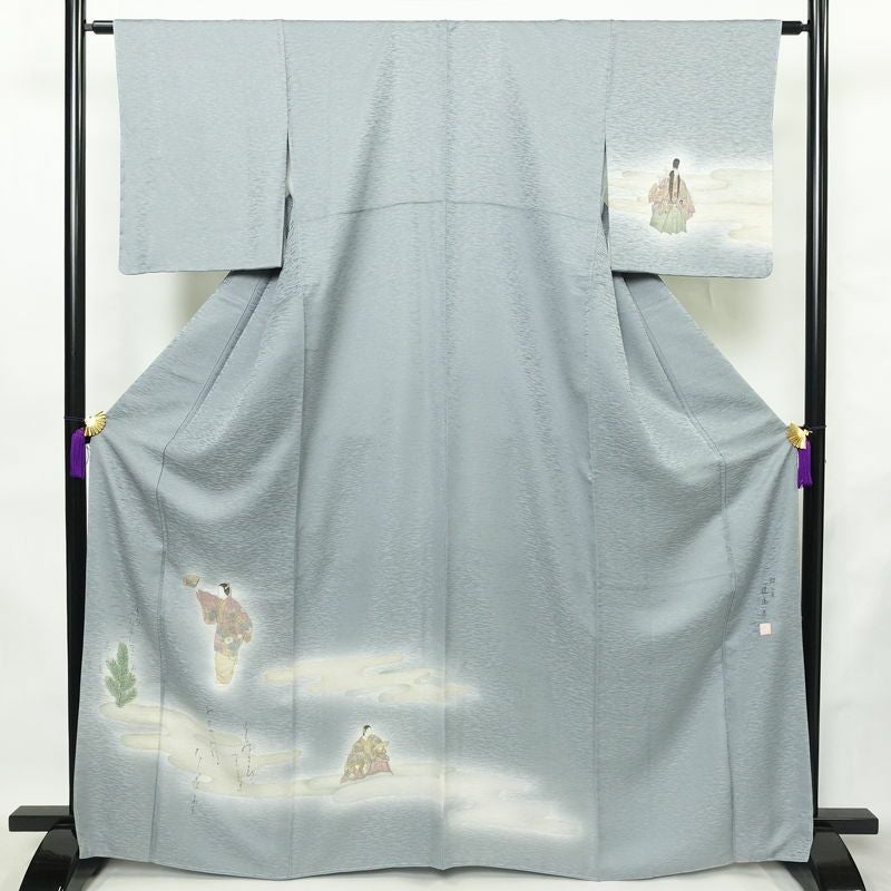 付け下げ 美品 摺工房 渡邊孝 落款入り しつけ糸付き 正絹 人物・動物柄 袷仕立て 身丈164.5cm 裄丈62.5cm リサイクル着物 着物 箔 入学式 卒業式 七五三 お宮参り フォーマル 青・紺_画像1