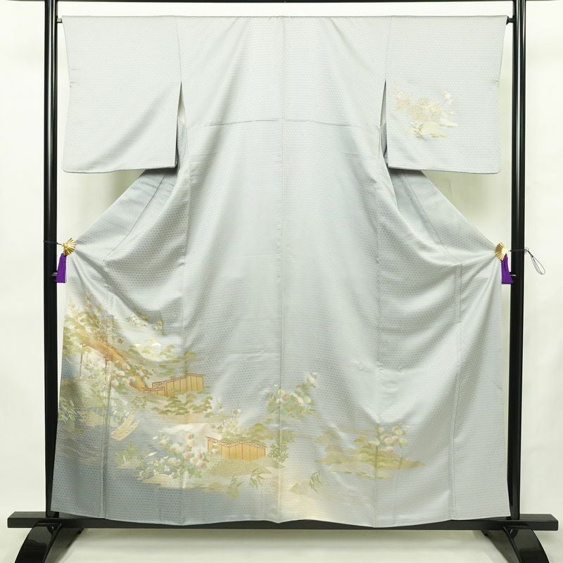 訪問着 美品 綸子 正絹 古典柄 袷仕立て 身丈158cm 裄丈66cm リサイクル着物 着物 箔 金彩 入学式 卒業式 七五三 お宮参り フォーマル 上品 青・紺_画像1