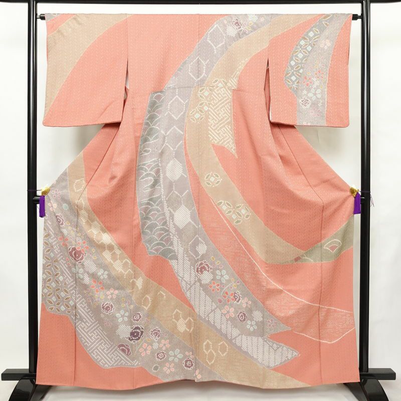 訪問着 良品 絞り 正絹 古典柄 袷仕立て 身丈161cm 裄丈64.5cm リサイクル着物 着物 金彩 入学式 卒業式 お宮参り フォーマル ピンク_画像1