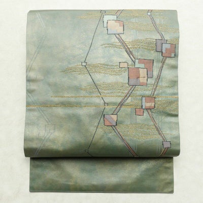 名古屋帯 太鼓柄 正絹 幾何学柄・抽象柄 名古屋仕立て なごや帯 リサイクル帯 帯 箔 モダン 緑・うぐいす色