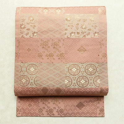 名古屋帯 六通柄 正絹 チェック・格子柄 名古屋仕立て なごや帯 リサイクル帯 帯 箔 ピンク