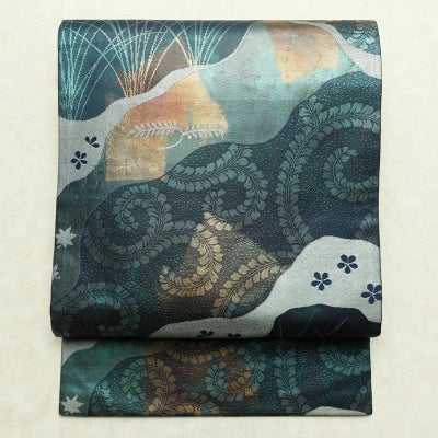 名古屋帯 太鼓柄 良品 正絹 木の葉・植物柄 名古屋仕立て なごや帯 リサイクル帯 帯 箔 青・紺