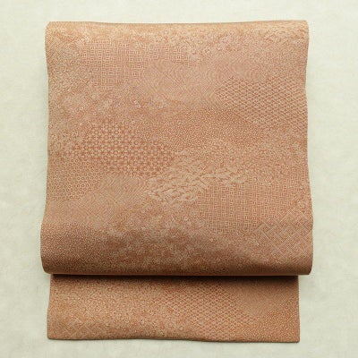 名古屋帯 全通柄 木下正夫 良品 落款入り 江戸小紋 正絹 古典柄 名古屋仕立て なごや帯 リサイクル帯 帯 茶