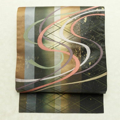 名古屋帯 太鼓柄 良品 正絹 幾何学柄・抽象柄 名古屋仕立て なごや帯 ロマネスク リサイクル帯 帯 箔 多色使い