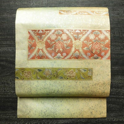 名古屋帯 太鼓柄 美品 正絹 花柄 名古屋仕立て なごや帯 リサイクル帯 帯 箔 白