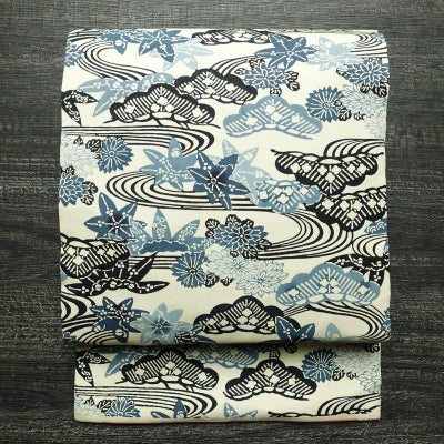 名古屋帯 全通柄 正絹 古典柄 名古屋仕立て なごや帯 リサイクル帯 帯 白