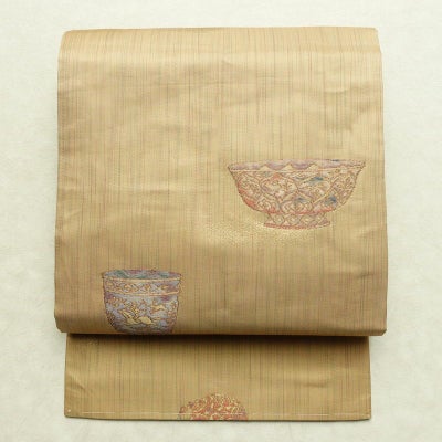 名古屋帯 六通柄 良品 しつけ糸付き 正絹 その他の柄 名古屋仕立て なごや帯 リサイクル帯 帯 黄・黄土色