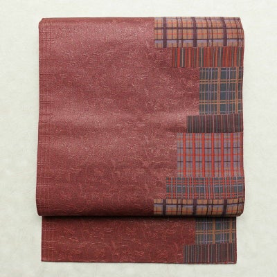 名古屋帯 六通柄 正絹 チェック・格子柄 松葉仕立て なごや帯 リサイクル帯 帯 モダン 小豆・エンジ