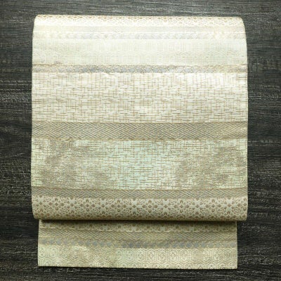 名古屋帯 太鼓柄 正絹 縞柄・線柄 名古屋仕立て なごや帯 リサイクル帯 帯 金糸 グレー