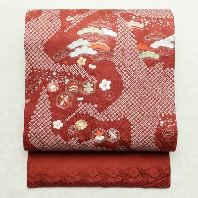 名古屋帯 太鼓柄 美品 絞り 正絹 古典柄 名古屋仕立て なごや帯 リサイクル帯 帯 刺繍 箔 赤・朱