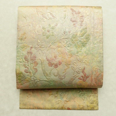 名古屋帯 六通柄 良品 ふくれ織 正絹 木の葉・植物柄 名古屋仕立て なごや帯 リサイクル帯 帯 多色使い