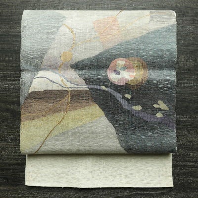 名古屋帯 太鼓柄 すくい織 正絹 幾何学柄・抽象柄 通し仕立て なごや帯 リサイクル帯 帯 白