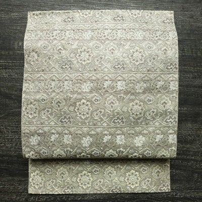 名古屋帯 六通柄 正絹 幾何学柄・抽象柄 名古屋仕立て なごや帯 リサイクル帯 帯 グレー